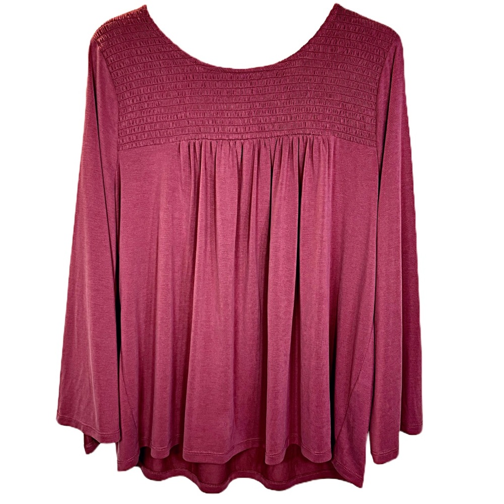 Lucky Brand Long Sleeve Smocked Crew Neck Top Wine Colored Boho Blouse Size L